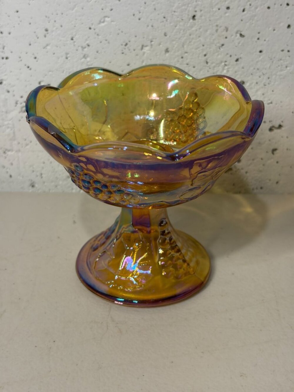Vintage Marigold Indiana Carnival Glass Harvest Grape Pedestal Compote Bowl 5" g
